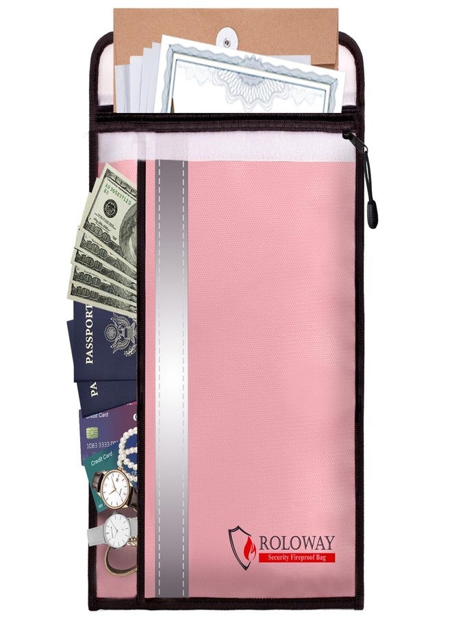 ROLOWAY Fireproof Document Bag (15 x 11 inch) with 2 Pockets & Waterproof Zipper, Fireproof Money Bag, Fire Safe Bag with Reflective Strip, Fireproof Envelope for Cash, Legal Documents Safe (Pink) - Image 1
