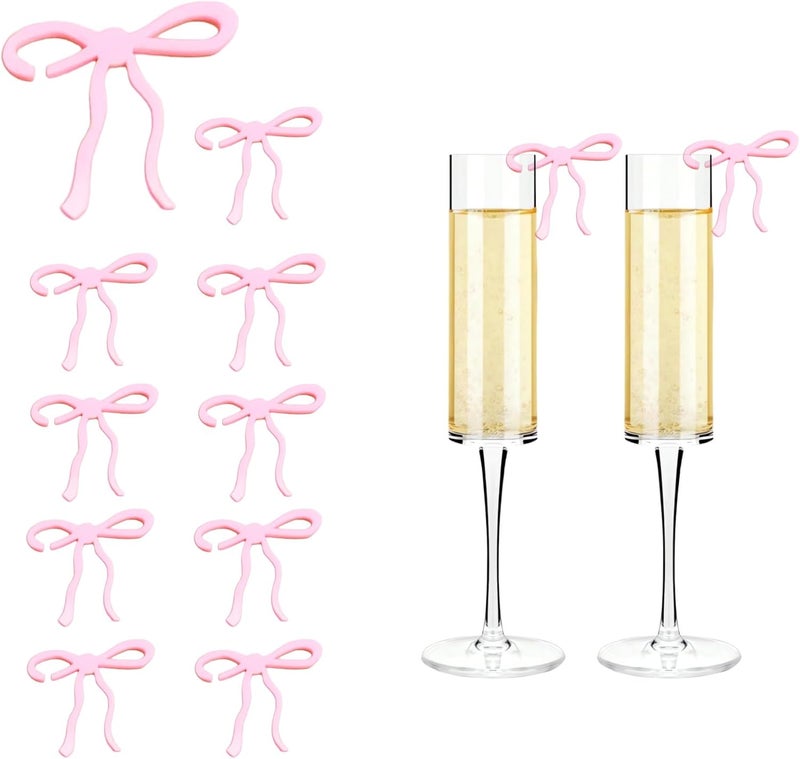 CuddleJunk 20 pcs Bow Drink Markers, Acrylic Drink Tags Bow themed Party Favors, Coquette Birthday Wedding Cocktail Party Decorations Pink Bow Party Accessories (Pink tags) - Image 1