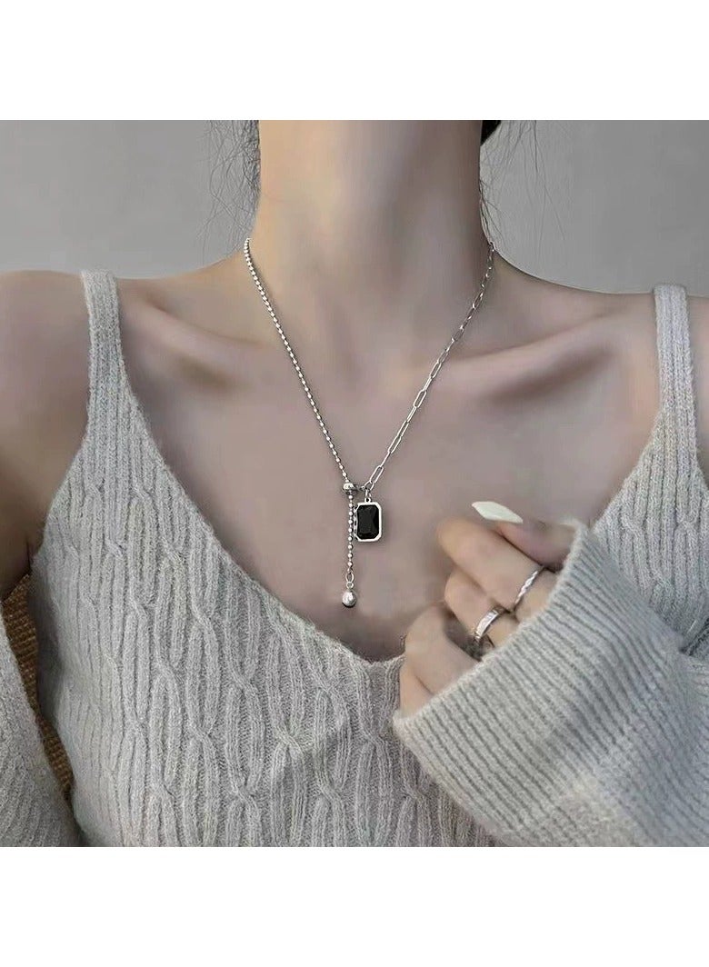 Goolsky 2025 New Black Zircon Square Pendant Necklace for Women – Streetwear Hoodie Chain | Small-Batch Trendy Clavicle Jewelry  - Image 1