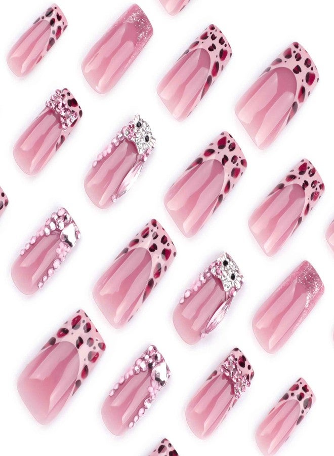QQPPOLIU Press on Nails for Women, French Nails Press Ons Long Square Fake Nails Pink Glue on Nails with Design Acrylic Nails Rhinestones Uñas Acrílicas Nails 24pcs - Image 3