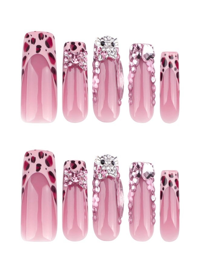 QQPPOLIU Press on Nails for Women, French Nails Press Ons Long Square Fake Nails Pink Glue on Nails with Design Acrylic Nails Rhinestones Uñas Acrílicas Nails 24pcs - Image 2