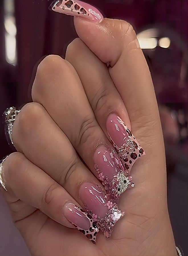 QQPPOLIU Press on Nails for Women, French Nails Press Ons Long Square Fake Nails Pink Glue on Nails with Design Acrylic Nails Rhinestones Uñas Acrílicas Nails 24pcs - Image 1
