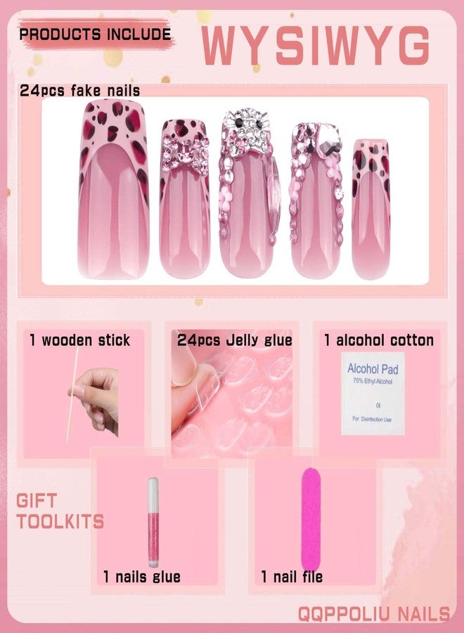 QQPPOLIU Press on Nails for Women, French Nails Press Ons Long Square Fake Nails Pink Glue on Nails with Design Acrylic Nails Rhinestones Uñas Acrílicas Nails 24pcs - Image 4