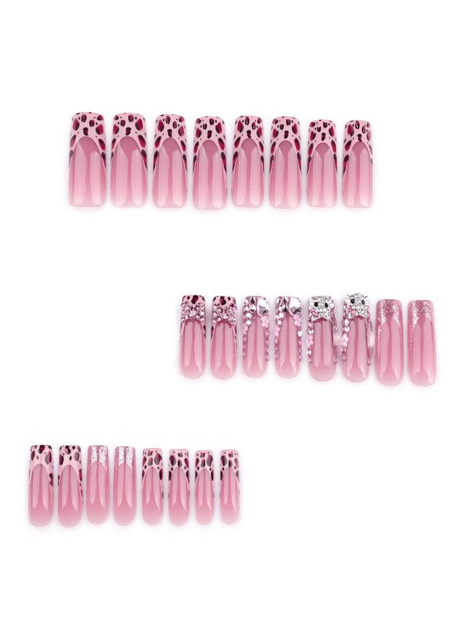 QQPPOLIU Press on Nails for Women, French Nails Press Ons Long Square Fake Nails Pink Glue on Nails with Design Acrylic Nails Rhinestones Uñas Acrílicas Nails 24pcs - Image 5