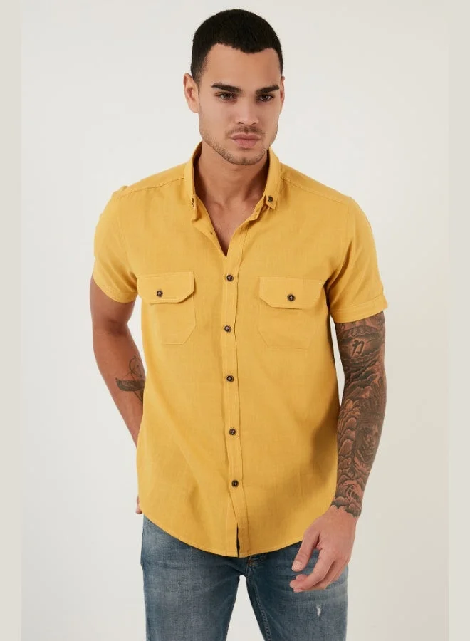 بوراتي قميص رجالي قطن بقصة ضيقة وياقة بأزرار وجيب