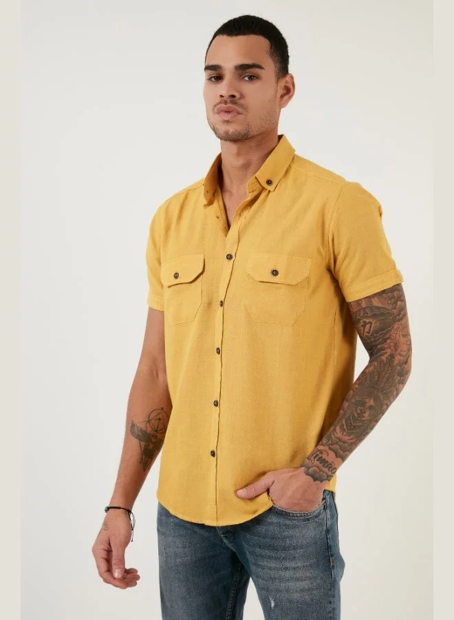بوراتي قميص رجالي قطن بقصة ضيقة وياقة بأزرار وجيب