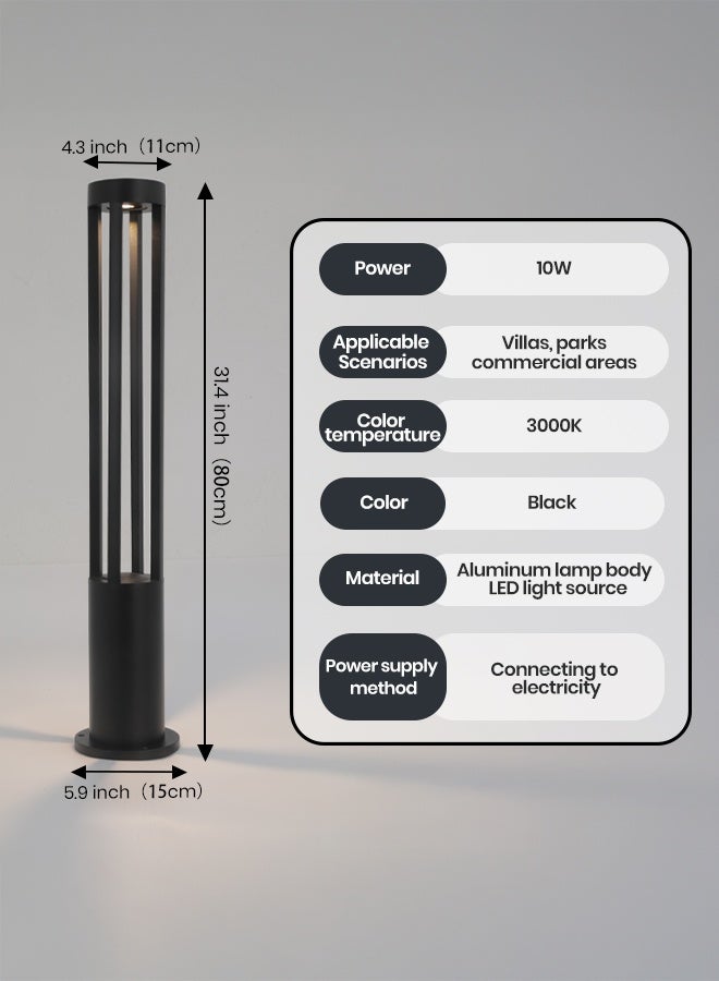 73Hours Black LED Outdoor Bollard Light - 80cm Round Post Garden Pathway Lamp with 10W Warm White 3000K LED, IP65 Waterproof Landscape Light for Villas, Parks, and Commercial Areas - Image 2
