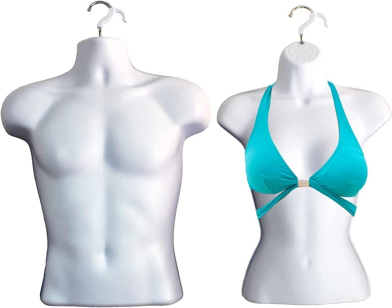 DisplayTown White Male  White Female Mannequin Injection Forms Half Rounded Waist Body Torso Dress Form with Only Hanging Hook SM Sizes
