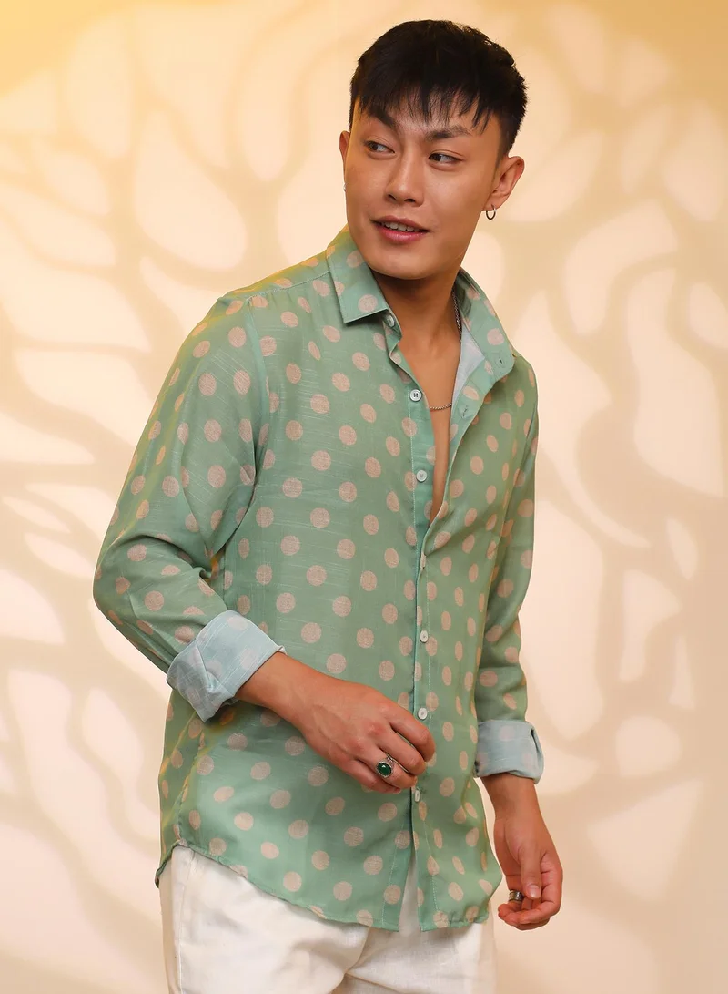 Campus Sutra Men's Grass Green Polka Dot Shirt