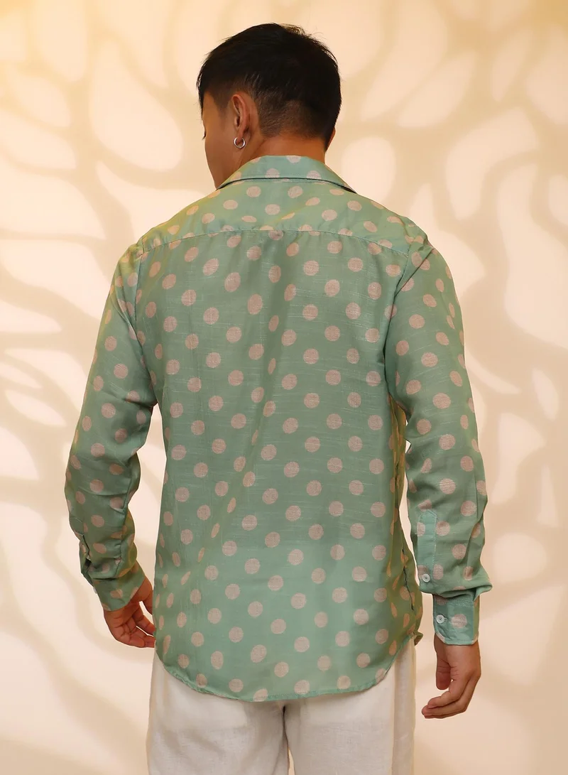 Campus Sutra Men's Grass Green Polka Dot Shirt