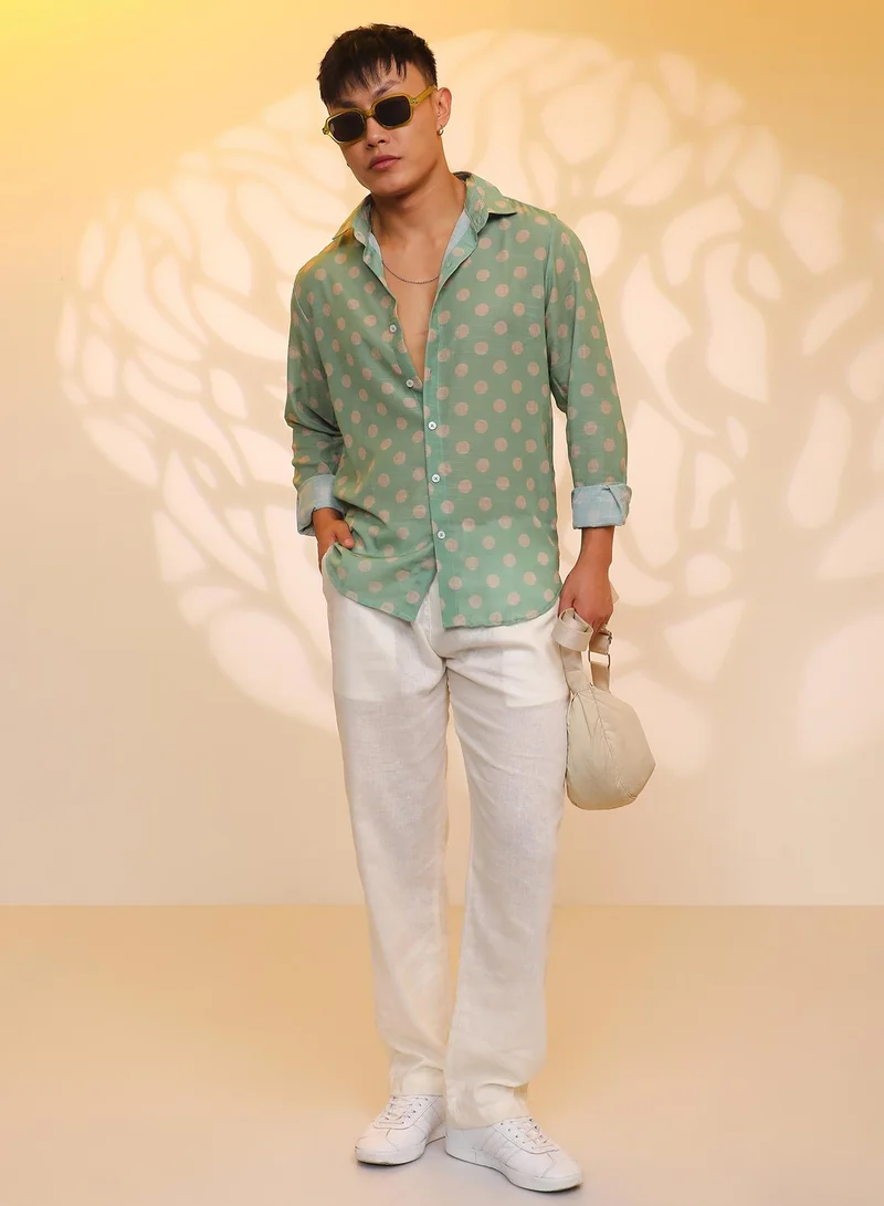 Campus Sutra Men's Grass Green Polka Dot Shirt
