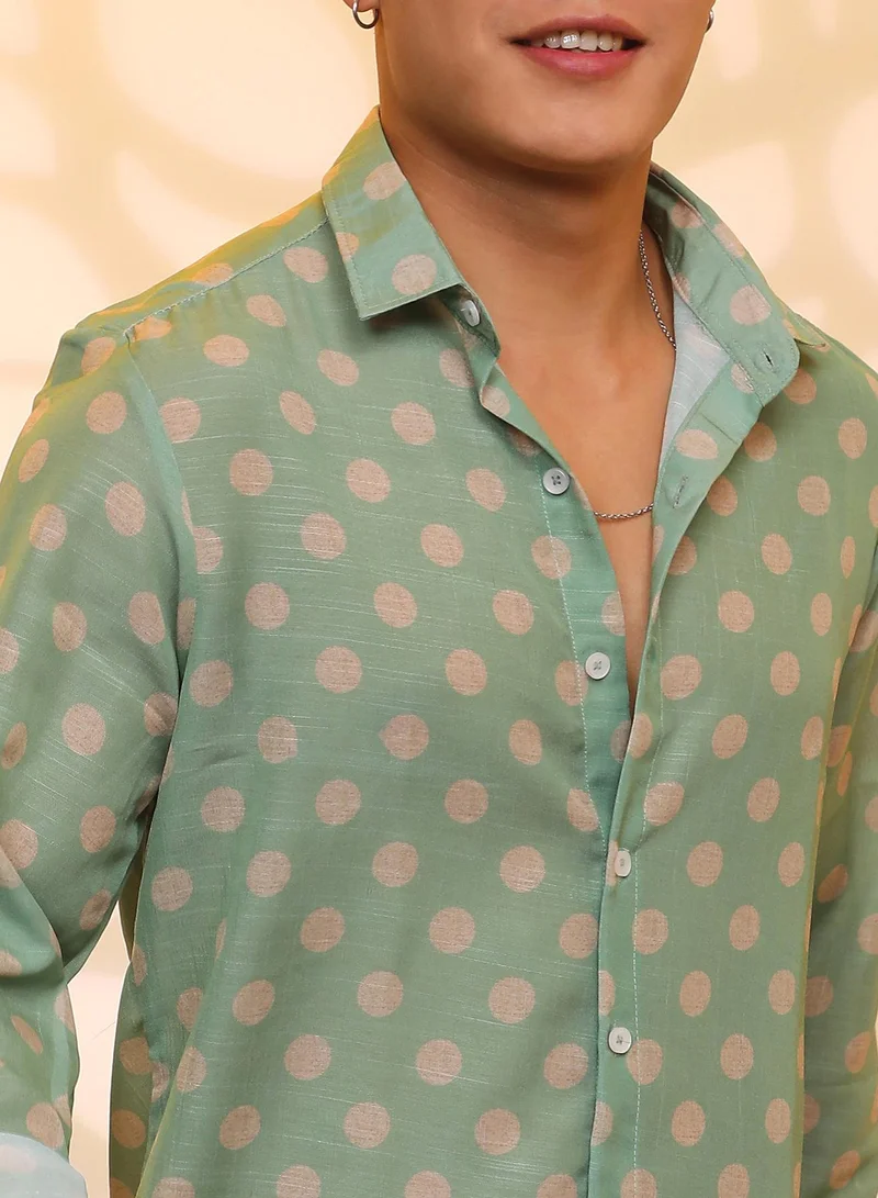 Campus Sutra Men's Grass Green Polka Dot Shirt