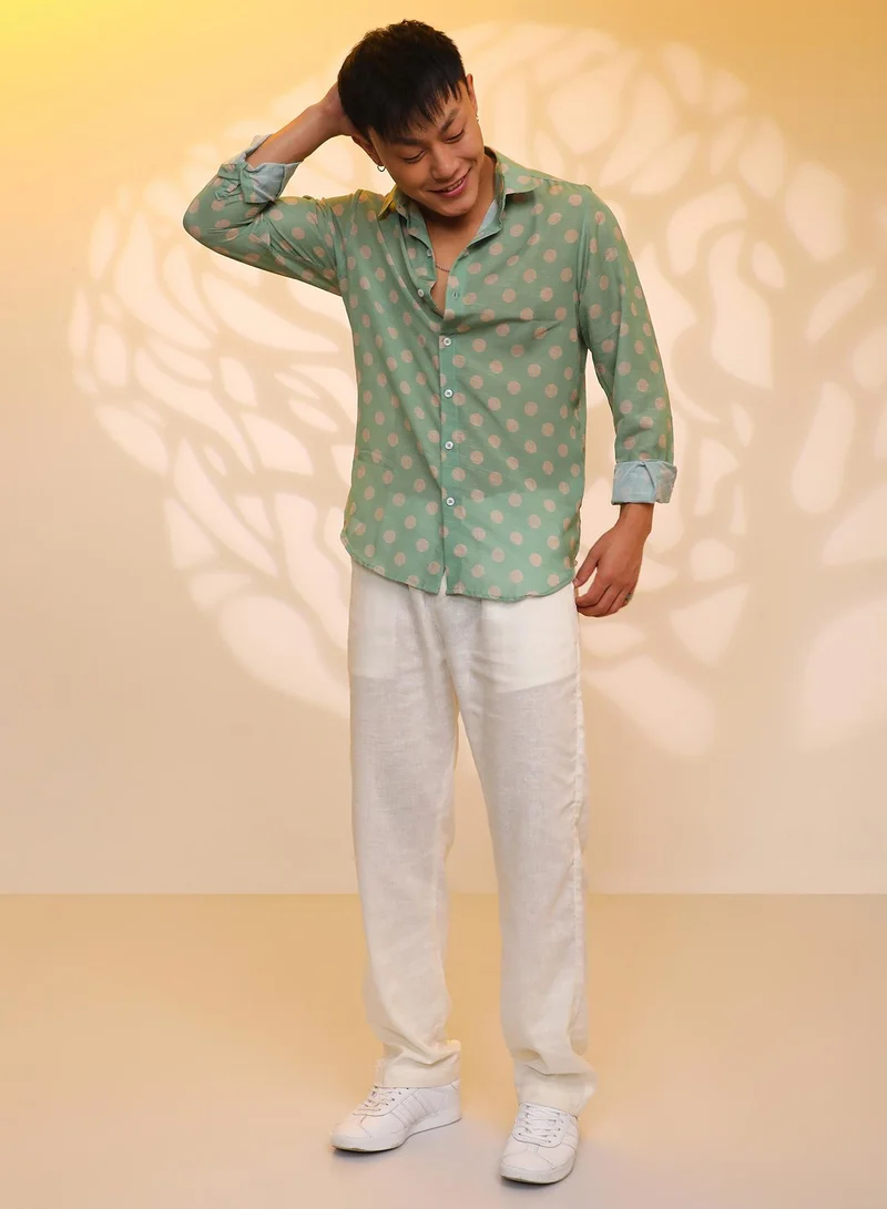 Campus Sutra Men's Grass Green Polka Dot Shirt
