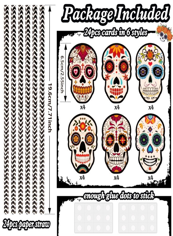 Konsait Day of the Dead Paper Straws, 24Pcs Halloween Paper Straws Sugar Skull Straws, Day of the Dead Party Supplies, Day of the Dead Party Favors, Halloween Disposable Paper Drinking Straws - Image 2