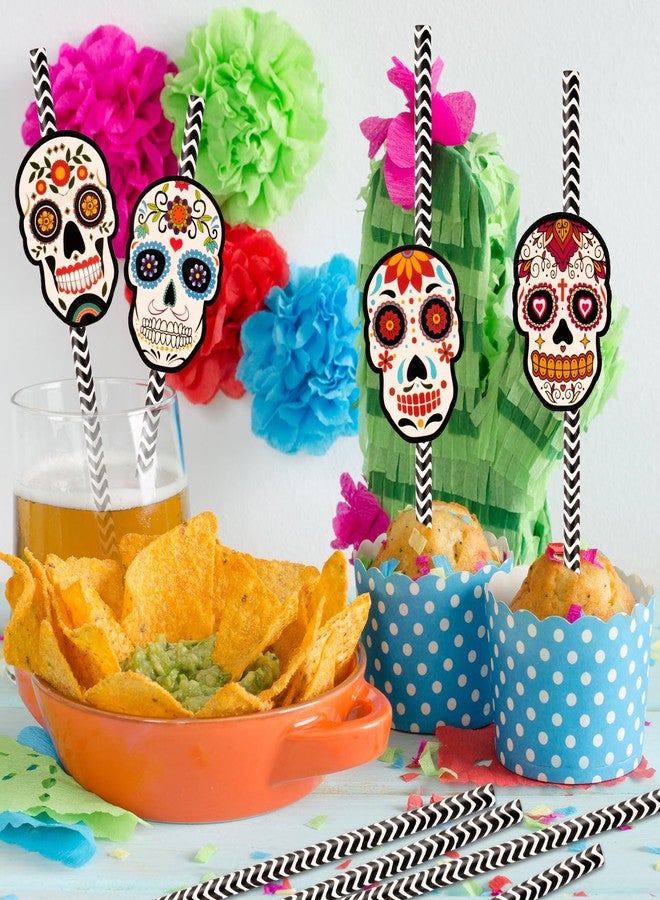 Konsait Day of the Dead Paper Straws, 24Pcs Halloween Paper Straws Sugar Skull Straws, Day of the Dead Party Supplies, Day of the Dead Party Favors, Halloween Disposable Paper Drinking Straws - Image 5