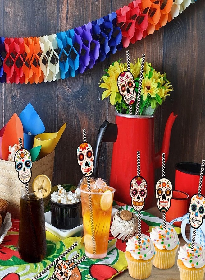 Konsait Day of the Dead Paper Straws, 24Pcs Halloween Paper Straws Sugar Skull Straws, Day of the Dead Party Supplies, Day of the Dead Party Favors, Halloween Disposable Paper Drinking Straws - Image 3