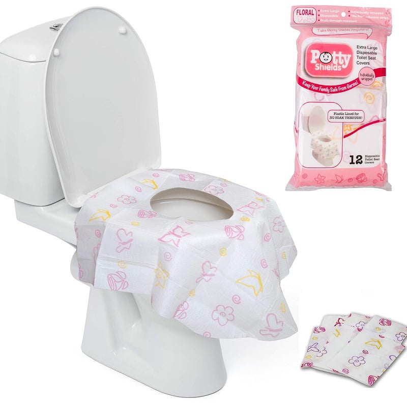 Potty Shields Toilet Seat Covers Disposable (12 Pack, Floral) - XL Waterproof Toilet Cover for Toddlers, Kids & Adults - Portable & Individually Wrapped for Travel, Potty Training & Public Restrooms - Image 1