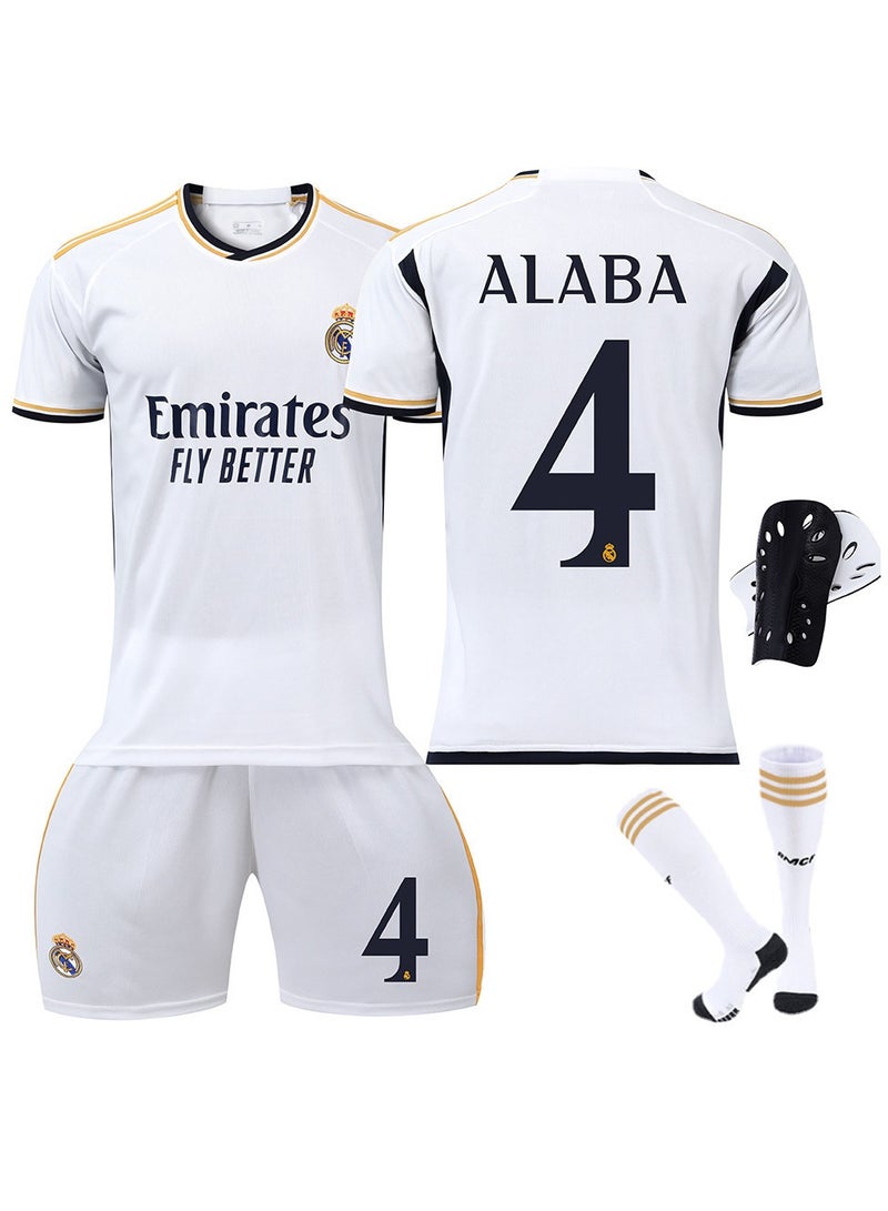 2024 Real Madrid Home Kit Number 4 Set (Adult) - Includes Jersey, Socks, and Shin Guards