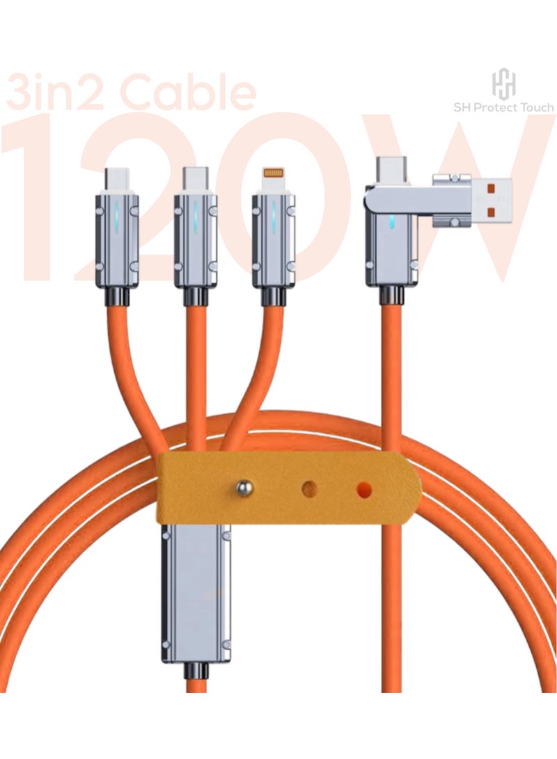 ش ه بروتكيت تاش كابل عالمي 120 وات 6 أمبير 2 في 3، كابل USB A/C إلى كابل شحن متعدد بطول 4.4 قدم كابل شحن سمين عالي التحمل مصنوع من سبائك الزنك والسيليكون الناعم متوافق مع جميع كابلات الشحن السريع للأجهزة (USB A/C برتقالي) - Image 1