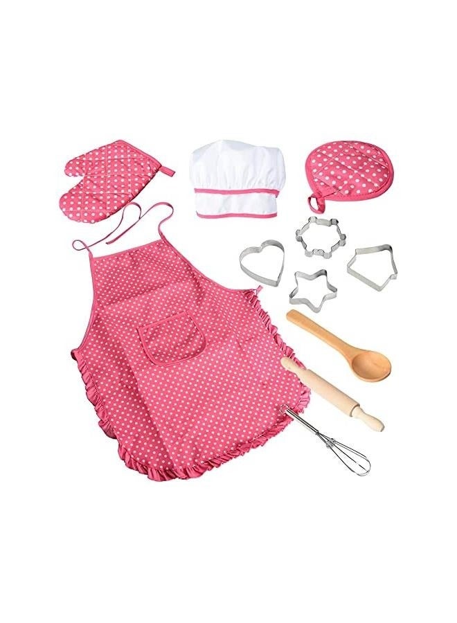 11-Piece Polka Dot Kids Kitchen Cooking Play With Apron And Chef Hat Set 40x38x2cm,Kitchen Costume Role Play Kits, Girls Apron with Chef Hat,Cooking Mitt and Cookie Cutters  - Image 1