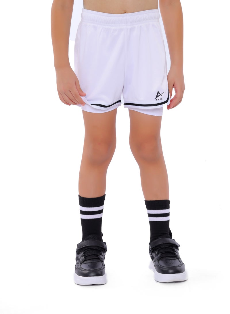 ANJA Boys' White and Black Double-Layer Basketball Shorts – Breathable Fabric - Image 2