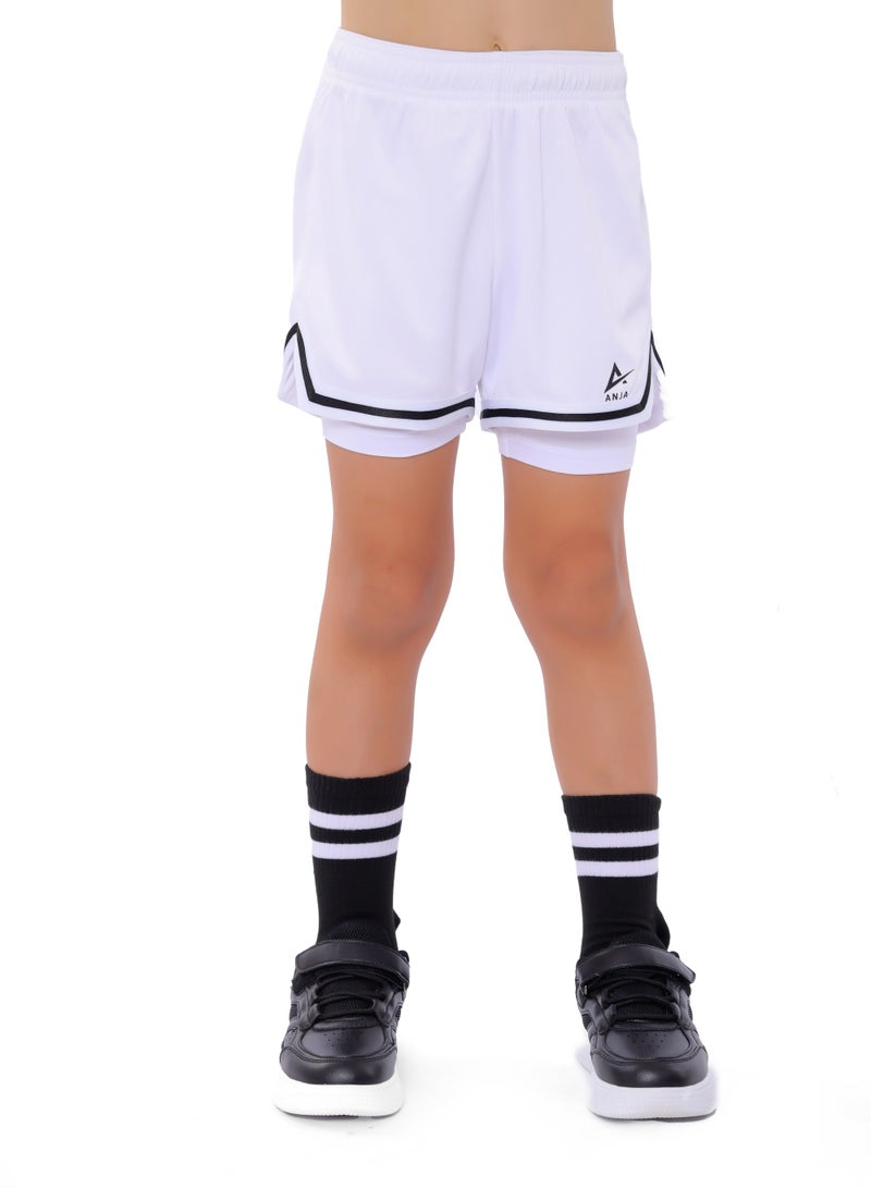 ANJA Boys' White and Black Double-Layer Basketball Shorts – Breathable Fabric - Image 1