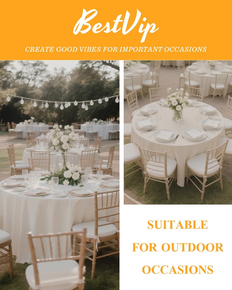 BESTVIP 6 Pack 90" Ivory Round Decorative Tablecloths - Polyester Fabric Washable Table Cloth Cover for Wedding Reception Banquet Birthday Party Buffet Restaurant, Dinning Tables - Image 5