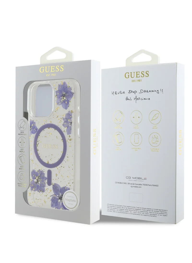 GUESS Magsafe Hard Case with Resin Flowers Design For iPhone 16 Pro Max Drop protection Comfortable Grip- Purple