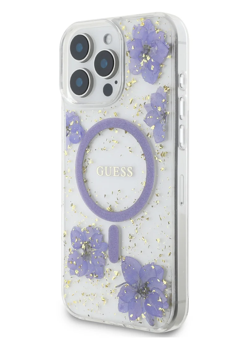 GUESS Magsafe Hard Case with Resin Flowers Design For iPhone 16 Pro Max Drop protection Comfortable Grip- Purple