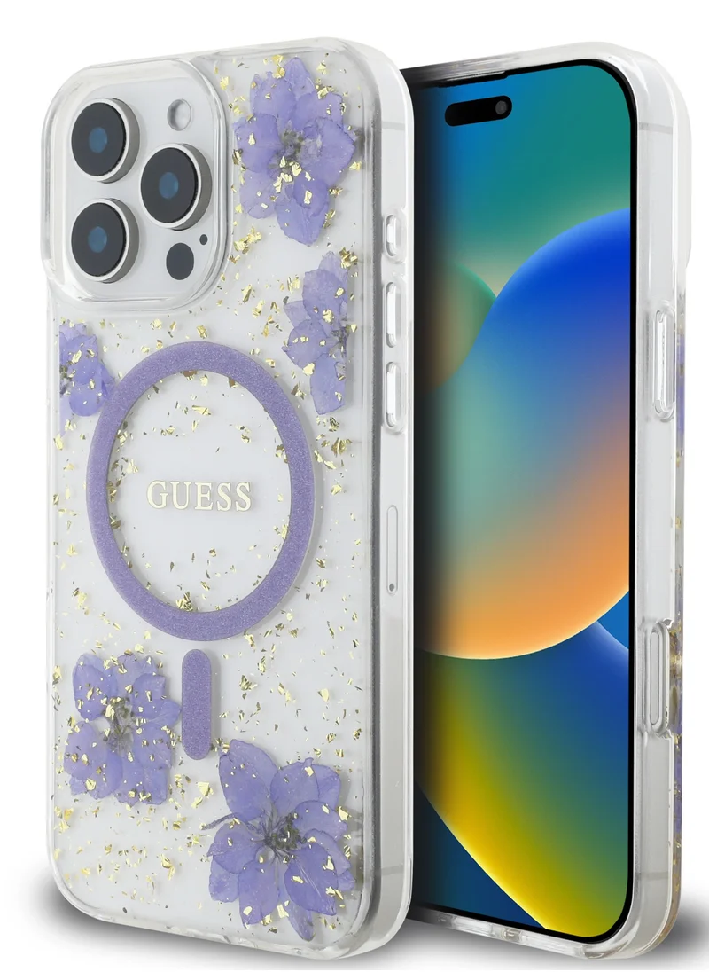 GUESS Magsafe Hard Case with Resin Flowers Design For iPhone 16 Pro Max Drop protection Comfortable Grip- Purple