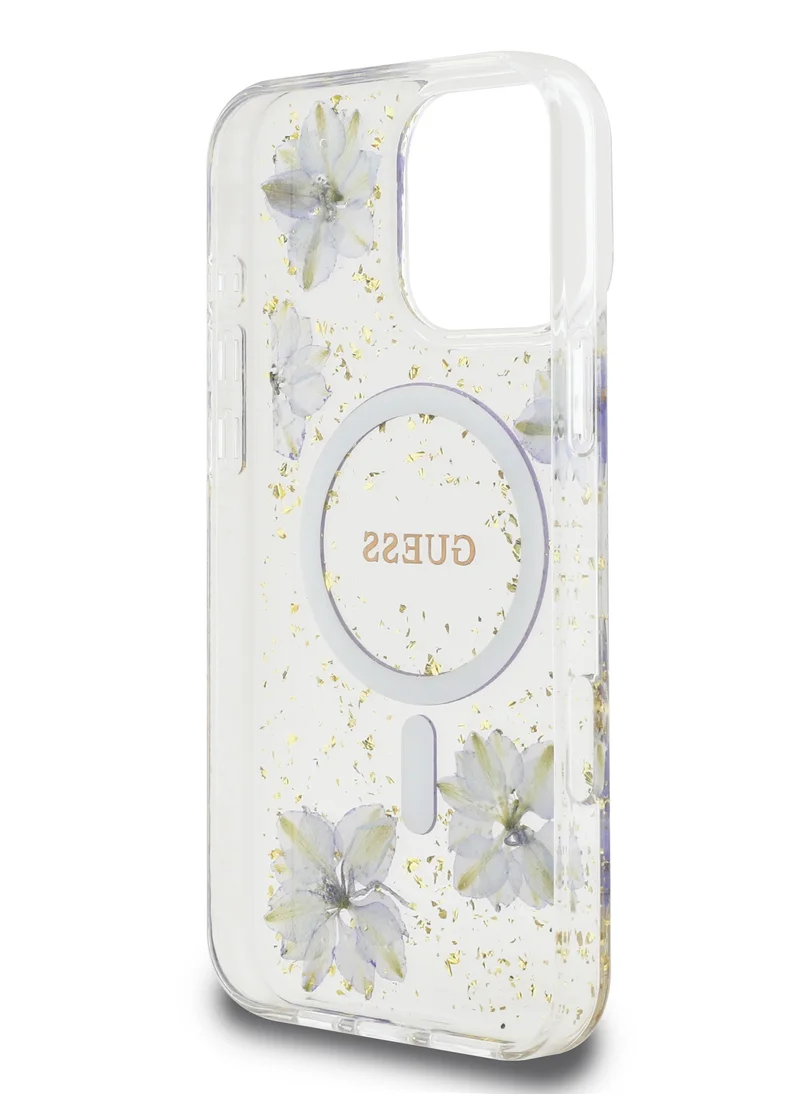 GUESS Magsafe Hard Case with Resin Flowers Design For iPhone 16 Pro Max Drop protection Comfortable Grip- Purple