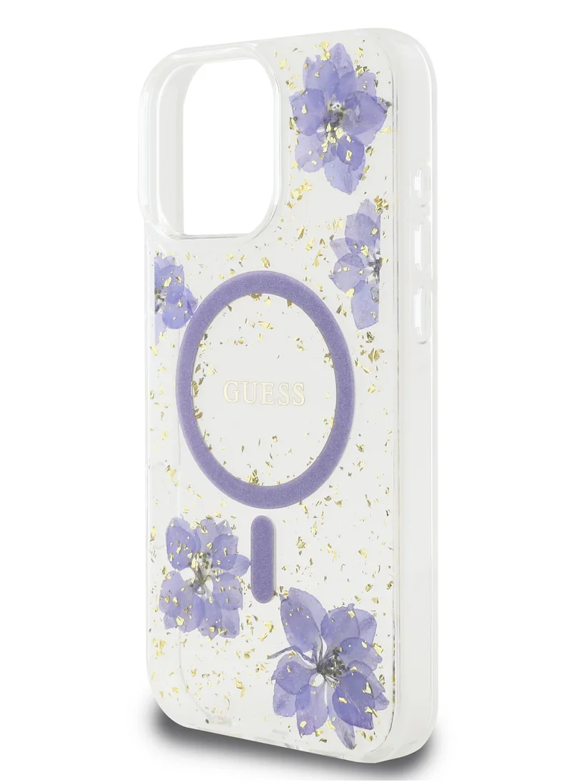 GUESS Magsafe Hard Case with Resin Flowers Design For iPhone 16 Pro Max Drop protection Comfortable Grip- Purple