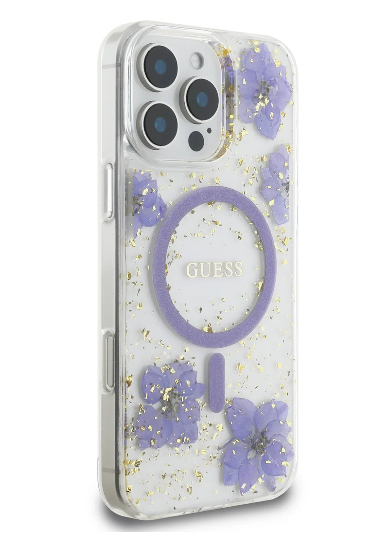 GUESS Magsafe Hard Case with Resin Flowers Design For iPhone 16 Pro Max Drop protection Comfortable Grip- Purple