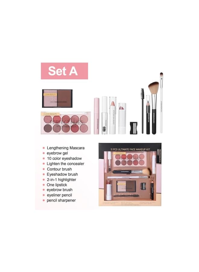 طقم المكياج المتكامل - 11 قطعة أساسية مع ظلال العيون، Blush، كونتور، أحمر شفاه، وفرش للمكياج اليومي والمبتدئين - مجموعة مستحضرات تجميل شاملة لمظهر متعدد الاستخدامات. - Image 3