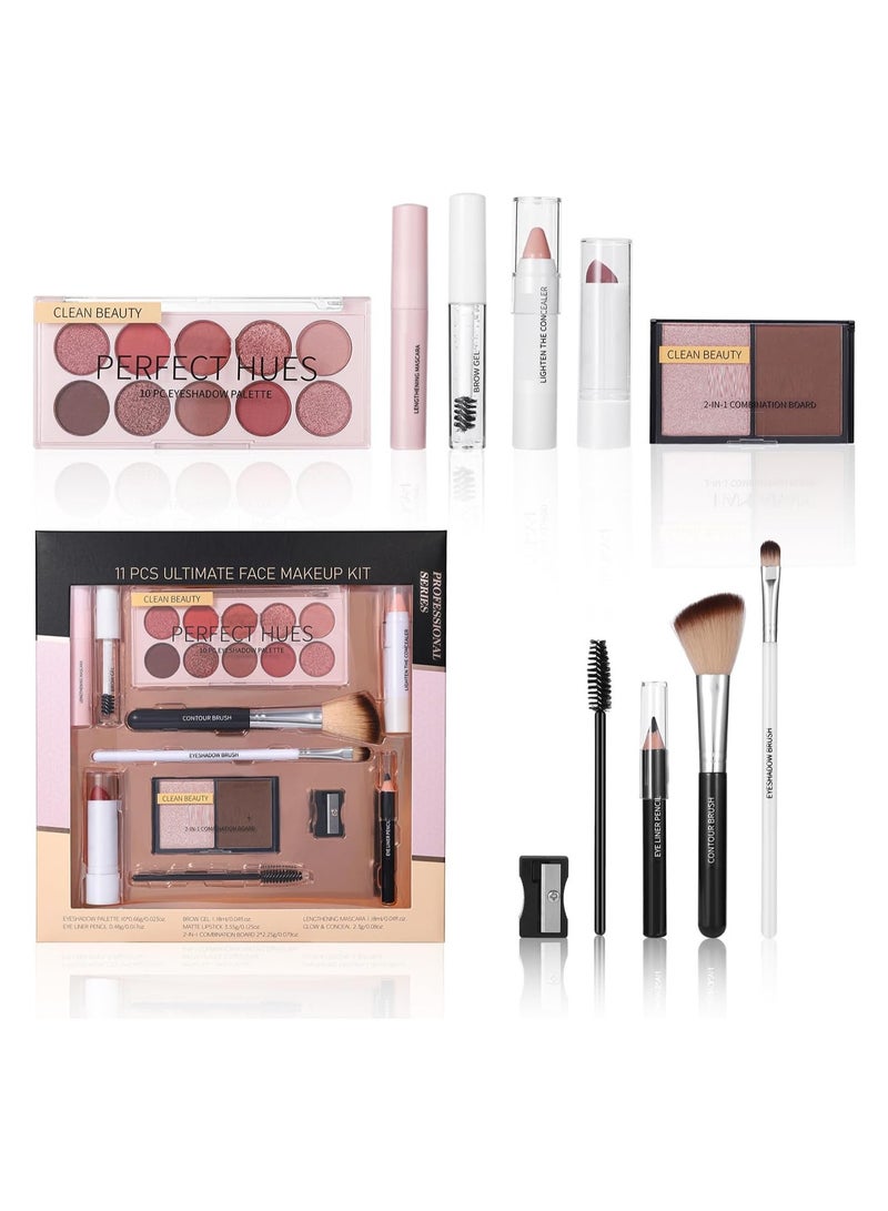 طقم المكياج المتكامل - 11 قطعة أساسية مع ظلال العيون، Blush، كونتور، أحمر شفاه، وفرش للمكياج اليومي والمبتدئين - مجموعة مستحضرات تجميل شاملة لمظهر متعدد الاستخدامات. - Image 1