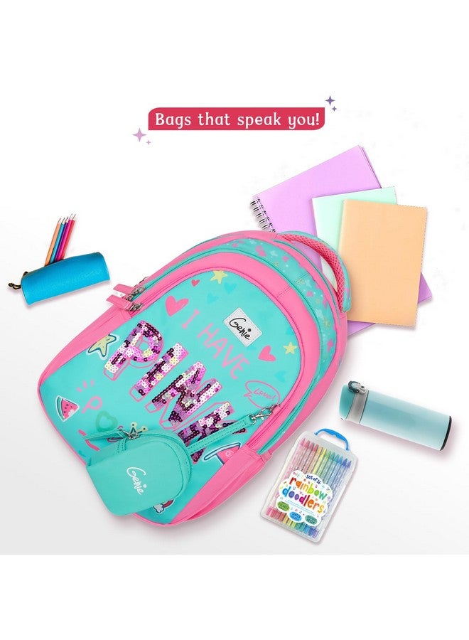 Genie Pinkpower School Backpack for Girls |15 In-20 Ltr with Three Compartments,Side Pockets and Light Weight with Padded Shoulders |Best for Books,Stationery, Lunch Box & Essentials - Teal - Image 5