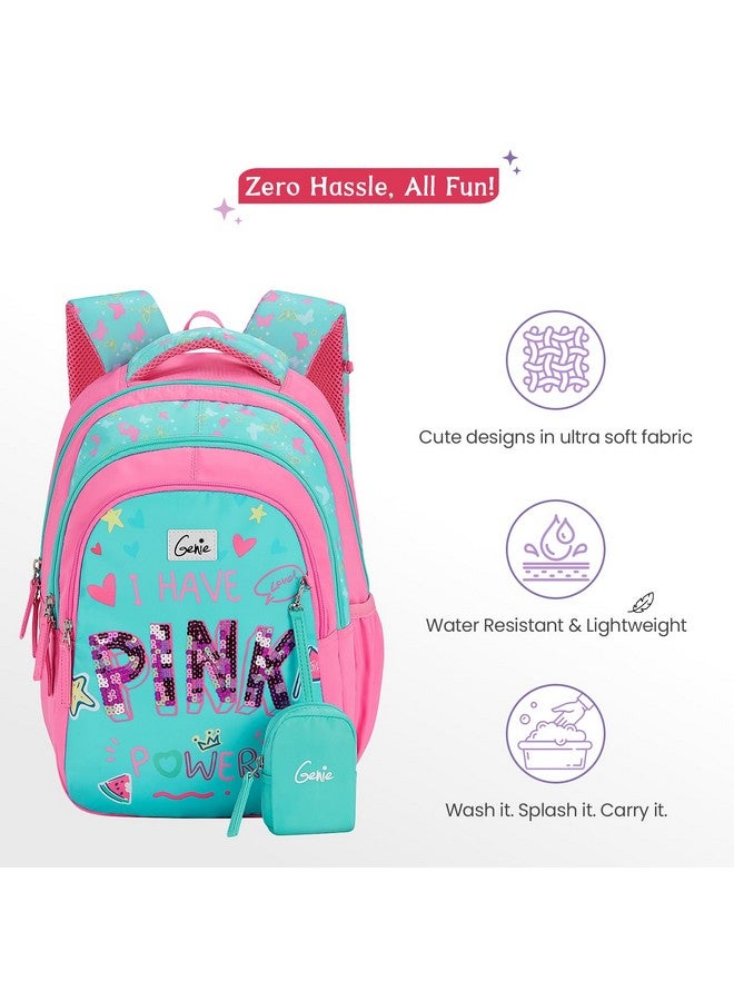 Genie Pinkpower School Backpack for Girls |15 In-20 Ltr with Three Compartments,Side Pockets and Light Weight with Padded Shoulders |Best for Books,Stationery, Lunch Box & Essentials - Teal - Image 4