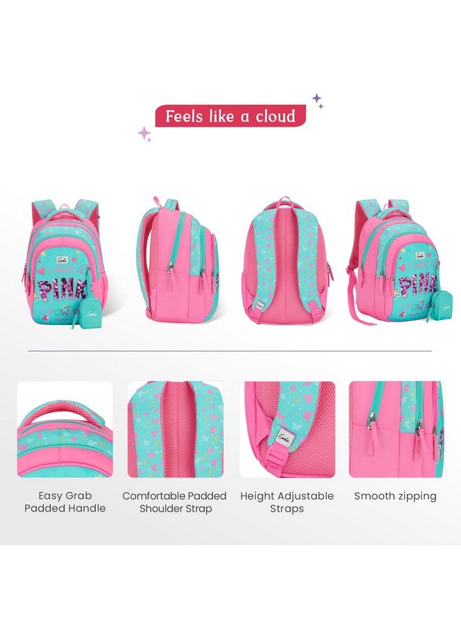 Genie Pinkpower School Backpack for Girls |15 In-20 Ltr with Three Compartments,Side Pockets and Light Weight with Padded Shoulders |Best for Books,Stationery, Lunch Box & Essentials - Teal - Image 3