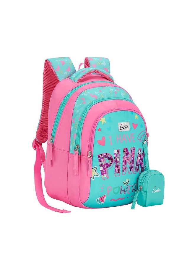 Genie Pinkpower School Backpack for Girls |15 In-20 Ltr with Three Compartments,Side Pockets and Light Weight with Padded Shoulders |Best for Books,Stationery, Lunch Box & Essentials - Teal - Image 1