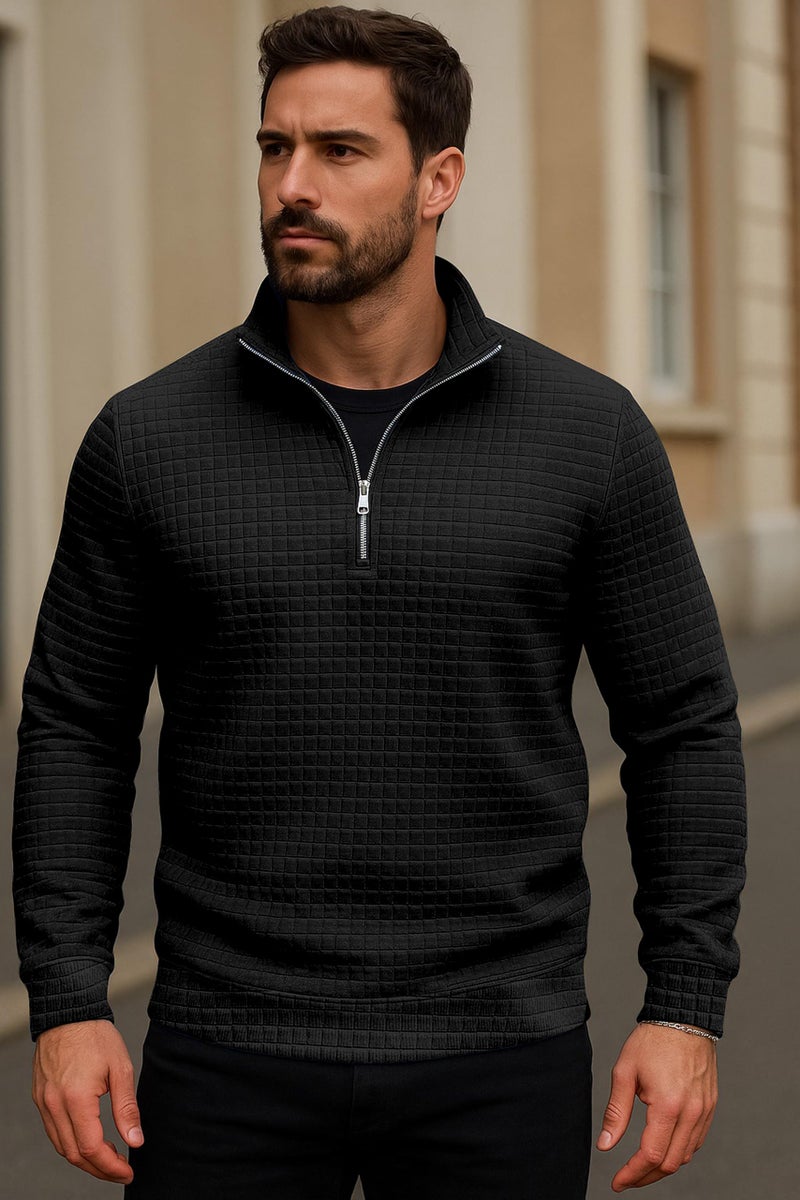 KAJARU Men's Textured Half-Zip Short Sleeve Sweatshirt - Casual Summer Pullover Top (in, Alpha, 2XL, Regular, Black) - Image 2