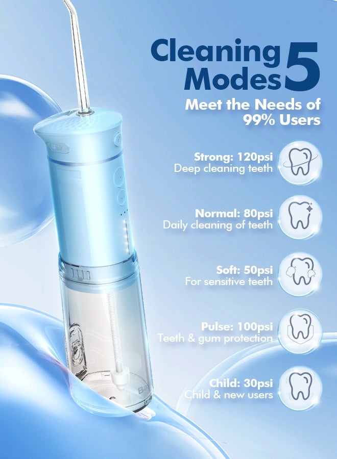 Bezvoi Water Flosser Mini Cordless Portable: 5 Modes Water Dental Floss with Telescopic Water Tank, 6 Tips, IPX7 Waterproof Oral Irrigator for Teeth Cleaning Gums,Orthodontic,Braces Dental Care (Sky Blue) - Image 3