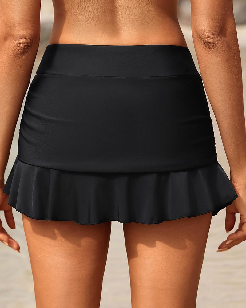 Tempt Me Women Black Ruched Ruffle Swim Skirt - 2025 Mid Rise Tummy Control Bikini Swimsuit Bathing Suit Skirt Bottom S - Image 2