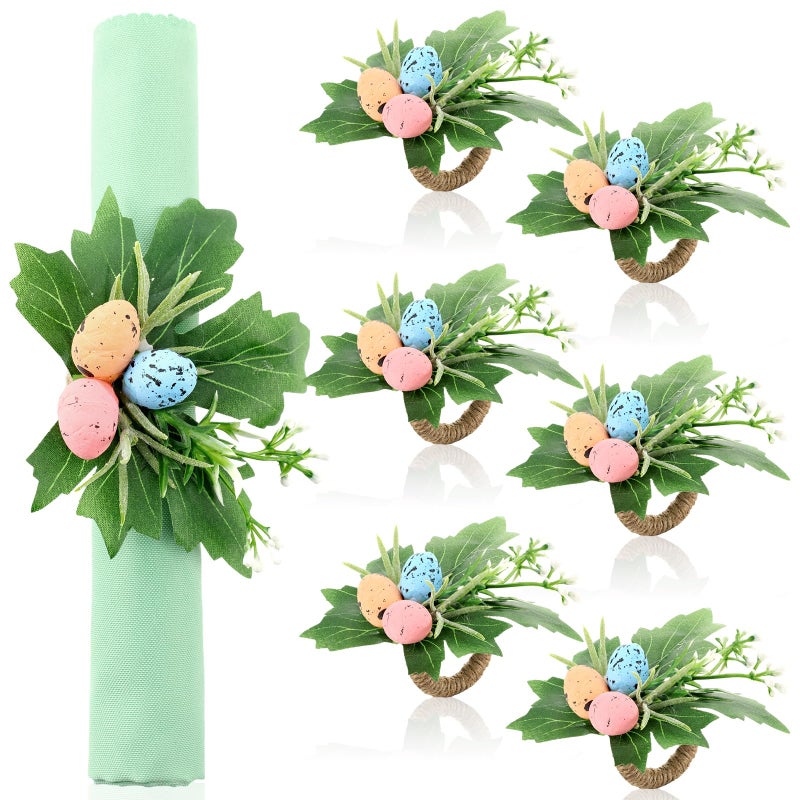 Yoande 6 Pcs Easter Eggs Napkin Rings Easter Napkin Ring Holder with Leaves for Spring Dinner Party Table Settings - Image 1