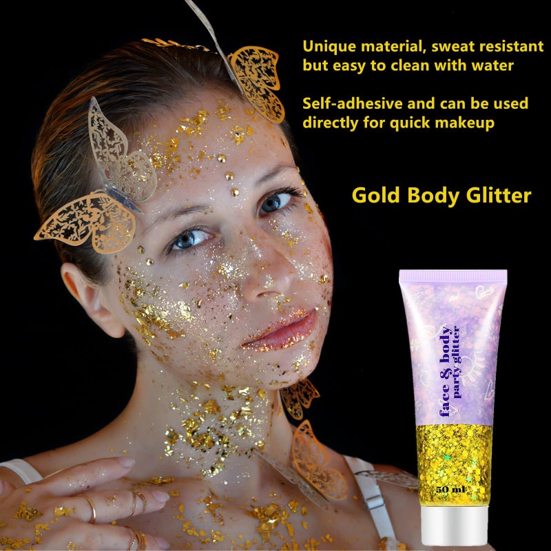 Go Ho Gold Face Body Glitter,Mardi Gras Glitter Makeup Gold Face Paint,Holographic Chunky Sequins Glitters for Eye Lip Hair Nails,Festival Rave Accessories,52g - Image 3