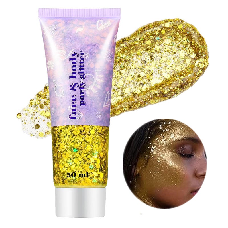 Go Ho Gold Face Body Glitter,Mardi Gras Glitter Makeup Gold Face Paint,Holographic Chunky Sequins Glitters for Eye Lip Hair Nails,Festival Rave Accessories,52g - Image 1