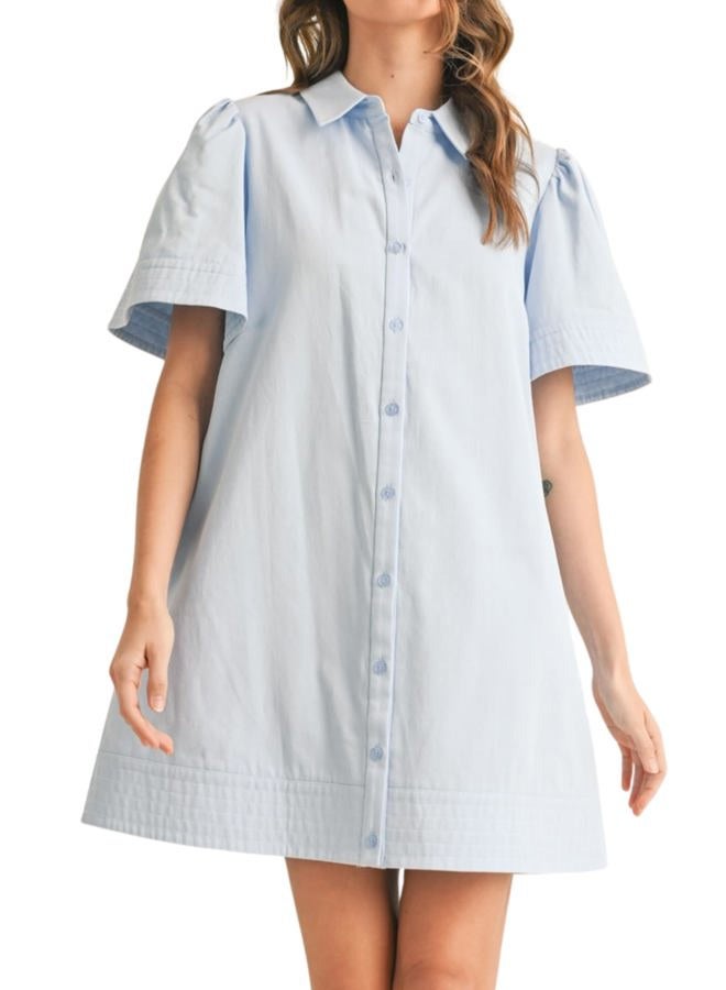 Meyhad Womens Short Sleeve Button Down Mini Shirt Dress Lapel Collar Short Dresses with Pocket, Light Blue, S - Image 1