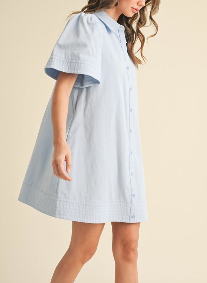 Meyhad Womens Short Sleeve Button Down Mini Shirt Dress Lapel Collar Short Dresses with Pocket, Light Blue, S - Image 3