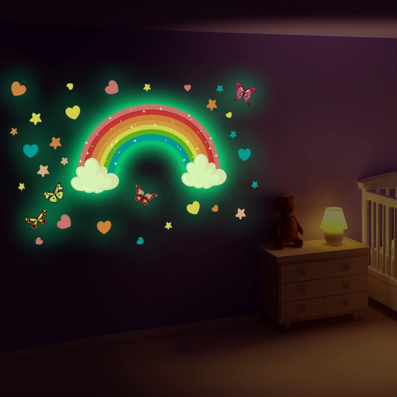 Saffica Glow in The Dark Large Rainbow Wall Decals Removable Star Butterfly Heart Sticker Glowing Rainbow Wallpaper Watercolor Vinyl Sticker for Nursery Teen Bedroom Decoration - Image 5