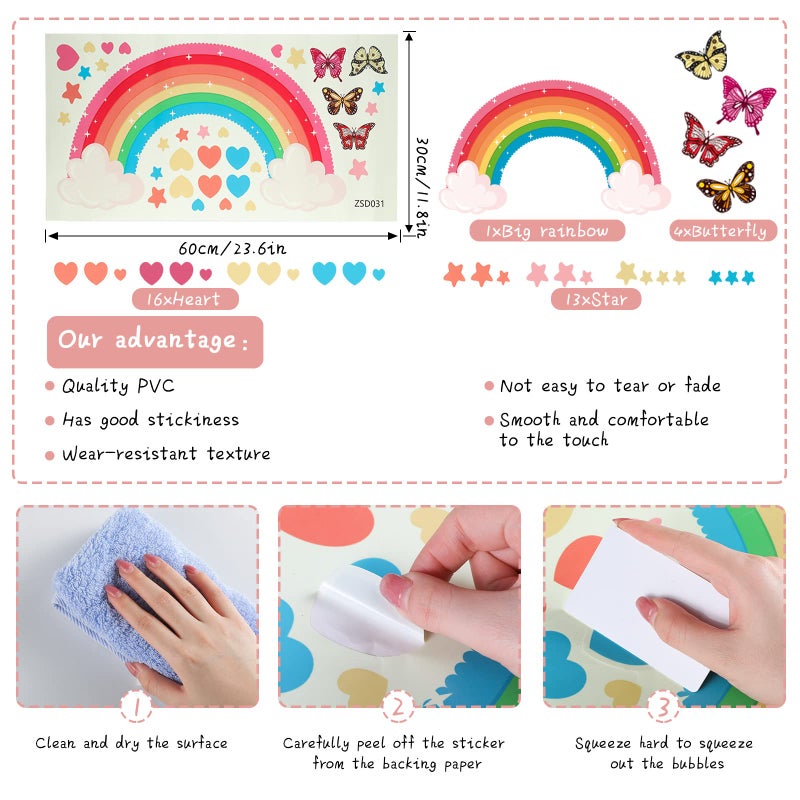 Saffica Glow in The Dark Large Rainbow Wall Decals Removable Star Butterfly Heart Sticker Glowing Rainbow Wallpaper Watercolor Vinyl Sticker for Nursery Teen Bedroom Decoration - Image 2