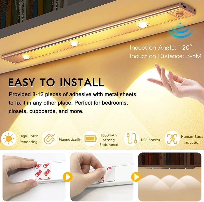 Bukela Motion Sensor Cabinet Light,LED Light, 40cm long,Wireless USB Rechargeable Kitchen Night Lights,Battery Powered Operated,for Wardrobe,Closets,Cabinet,3 Colors,3 lamp beads (Silver) - Image 4